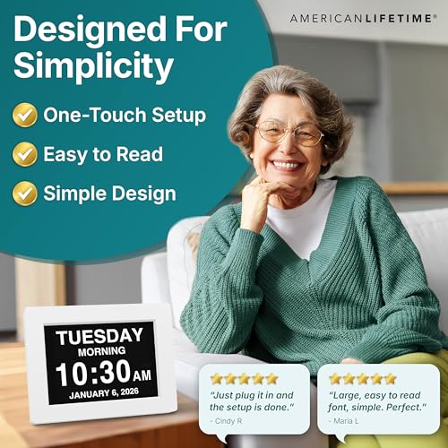 Large Display Digital Day & Date Clock for Seniors with Custom Alarms