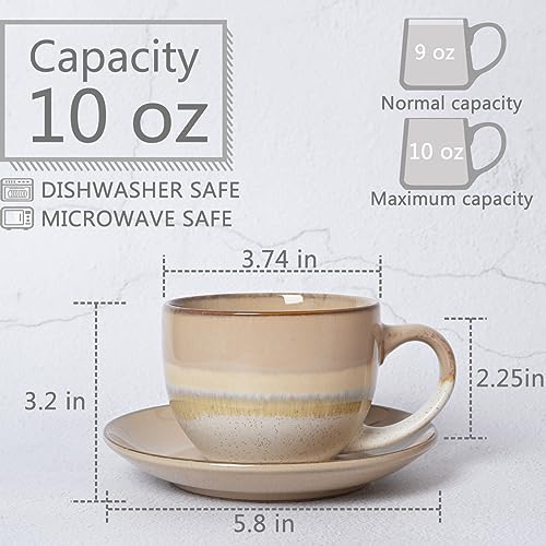 Bosmarlin Brown Ceramic Cappuccino Cup & Saucer Set of 2, 10 Oz Coffee Mugs