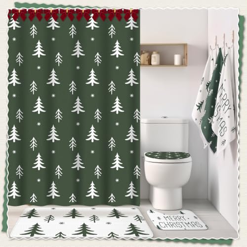 Vesici Xmas Tree Shower Curtain Set - 7 Pcs Waterproof Bath Ensemble with 12 Velvet Bows
