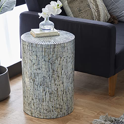 Mother of Pearl Mosaic Side Table, Light Blue Round Accent Table 20-inch