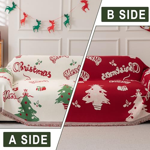 Christmas Green Chenille Sofa Cover 71x102 Inch Reversible Couch Protector for Loveseat & Sectional with Dogs Washable