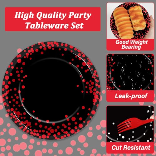 96-Piece Black and Red Disposable Party Tableware Set for 24 Guests