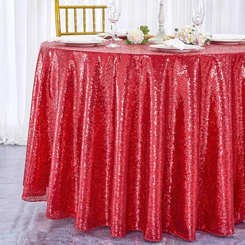 QueenDream Red 90 Inch Round Sequin Tablecloth for Party & Wedding
