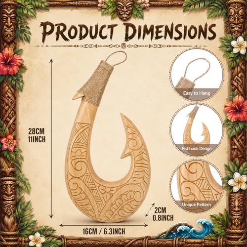 Carved Wooden Maui Fish Hook Wall Decor - 11.8" Polynesian Tribal Art