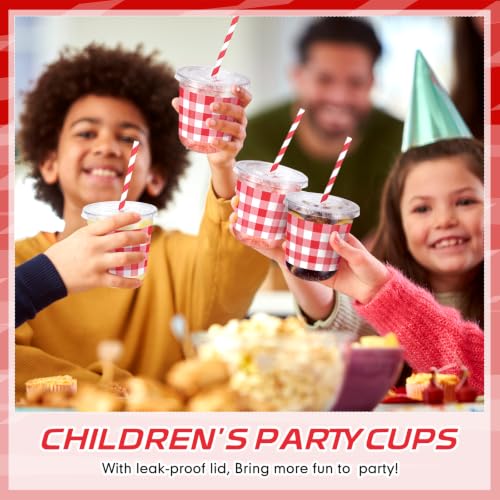 Checkered Red Race Car Party Cups Set with Lids & Straws - 100 Pieces