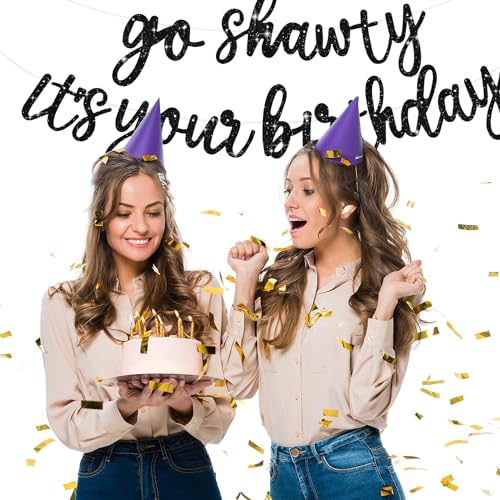 Go Shawty It's Your Birthday Banner - Pre-Strung Black Glitter Party Decor