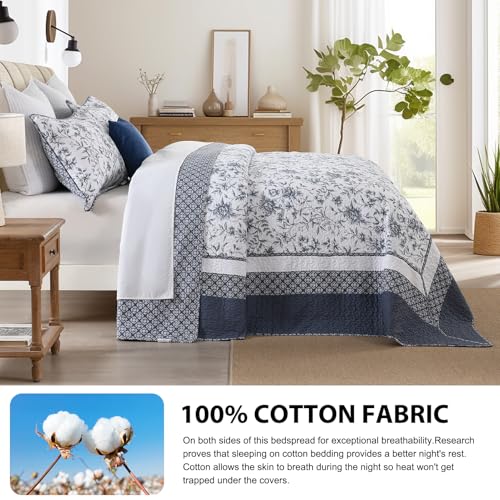 Oversized King Bedspread Set - 100% Cotton Floral Quilt with 2 Shams