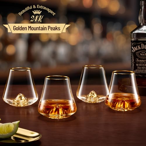 DUJUST Classic Whiskey Glass Set of 6 with 24K Gold Mountain, 8oz Crystal Old Fashioned Glasses for Bourbon & Cognac