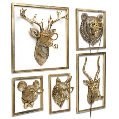 5-Piece Animal Head Wall Sculpture Set, Gold Resin Decorative Wall Mounts