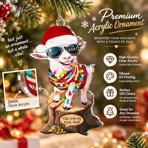 NELXI Funny Goat Christmas Ornament 2026 - Unique Acrylic Hanging Decor, Santa Hat, Festive Sweater, Farmhouse Style, Gift for Goat Lovers, 3.3