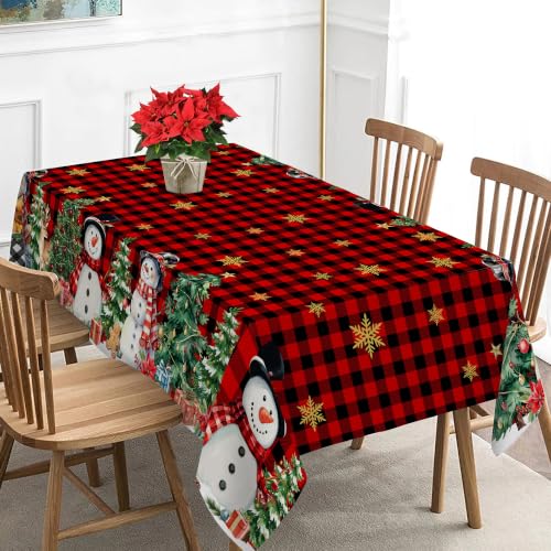 Unibyby Christmas Tablecloth 60x84 in with Snowman Snowflake Trees - Rectangular 84x60 Snowy Red