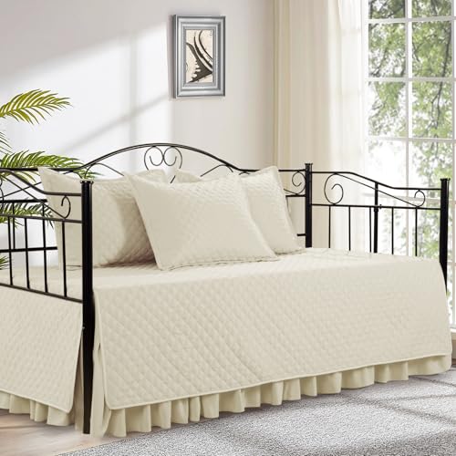 5-Piece Diamond Stitch Daybed Cover Set with Bedskirt & Shams - Beige