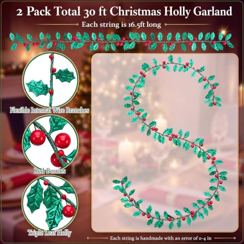 2 Pack Christmas Holly Garlands with Red Berries, 33 ft Total