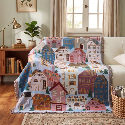 Christmas House Woven Throw Blanket 50x60 Inches with Holiday Village Design - CrystalSylara