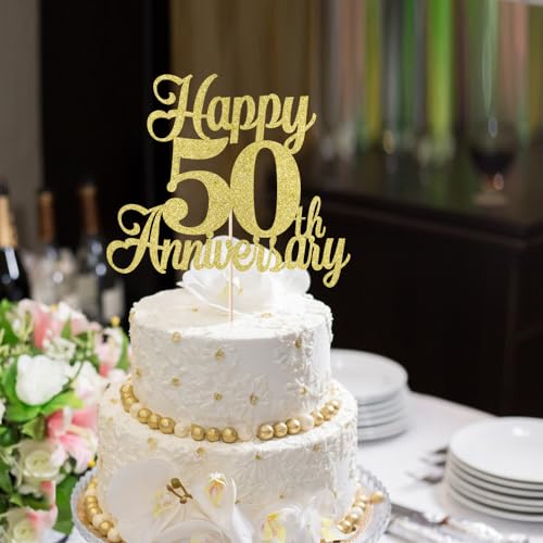 Gold Glitter 50th Anniversary Cake Topper | Happy Birthday Decoration