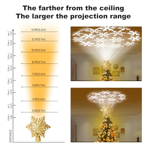 Golden Snowflake Christmas Tree Topper with LED Rotating Projector Light