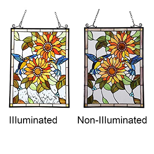 Stained Glass Window Hanging Panel - Sunflowers and Birds Design
