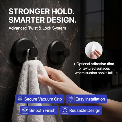 HOME SO Suction Cup Hooks for Shower & Bathroom Towel Holder 2-Pack Black