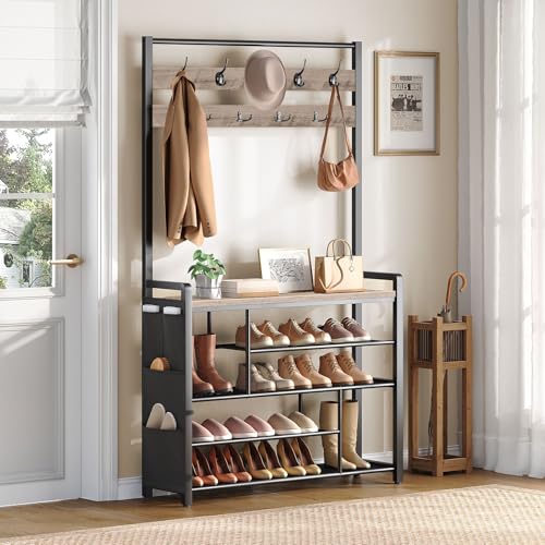 Industrial Hall Tree with Bench and Shoe Storage, 39-inch Entryway Coat Rack