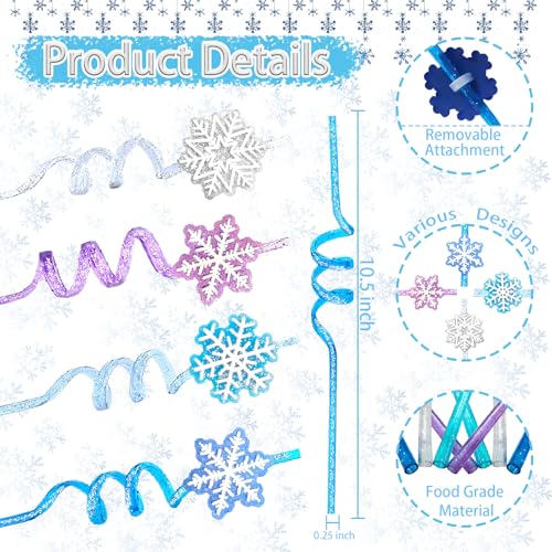 Reusable Frozen Snowflake Drinking Straws with Glitter Toppers - 24 Pcs