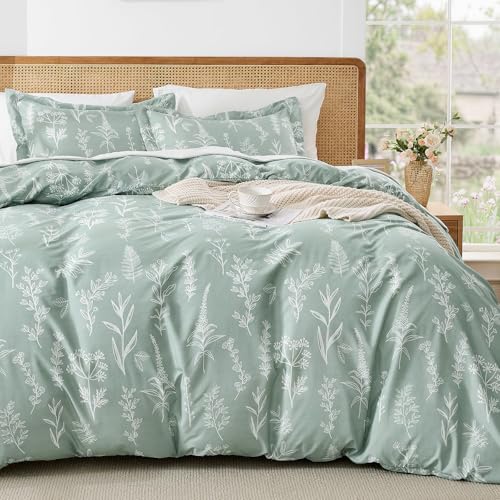 Reversible Green Floral Duvet Cover Set Queen - 3-Piece Microfiber Bedding
