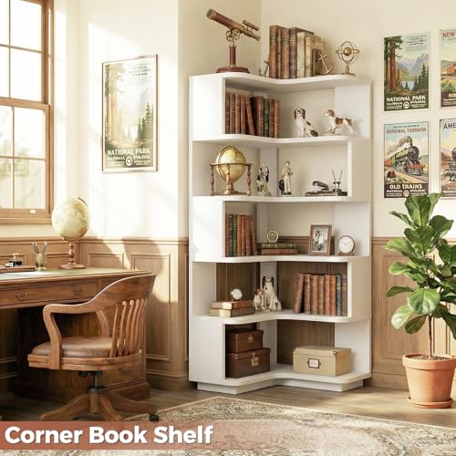 6-Tier Corner Bookshelf, L-Shaped Space-Saving Storage Display Stand, White