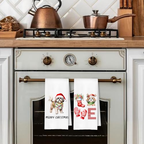 Christmas Shih Tzu Kitchen Dish Towels 2 Pack - Casual Holiday Dog Lover Gift