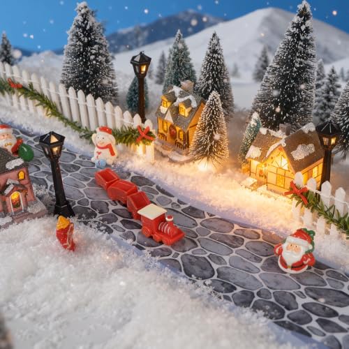 4PCS Christmas Village Accessories Sets, 2PCS 4.7" x 47.2"Christmas Village Brick Snow Road Street Mat & 2PCS 35"Wooden Picket Fence,Villages Landscape Road Mats Decoration for DIY Miniature Landscape