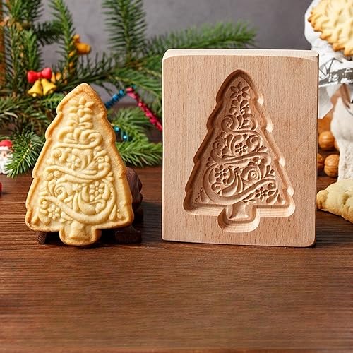 MOTEERLLU Wooden Cookie Mold for Baking, Christmas Tree Pattern