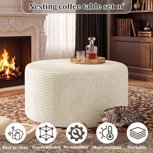 Round Corduroy Ottoman Footstool - 27.5-Inch Modern Padded Side Table