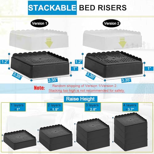Heavy Duty Adjustable Bed Risers - Stackable Furniture Riser (4 Pack, Black)