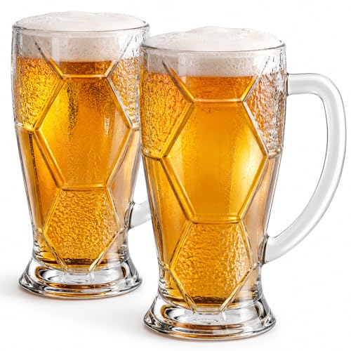 22oz Frosted Glass Beer Steins, 3D Hexagon Textured Mugs, Set of 2