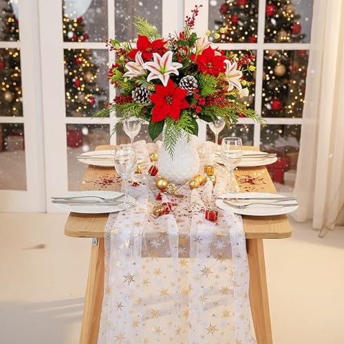 White and Gold Snowflake Gauze Table Runner 120" – Windkream, 3 Pcs Seasonal Decor