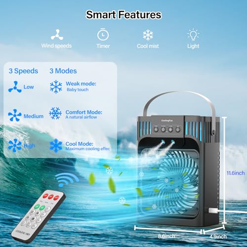 Portable Air Conditioner Fan, 1200ml Personal Cooler with Mist and Remote