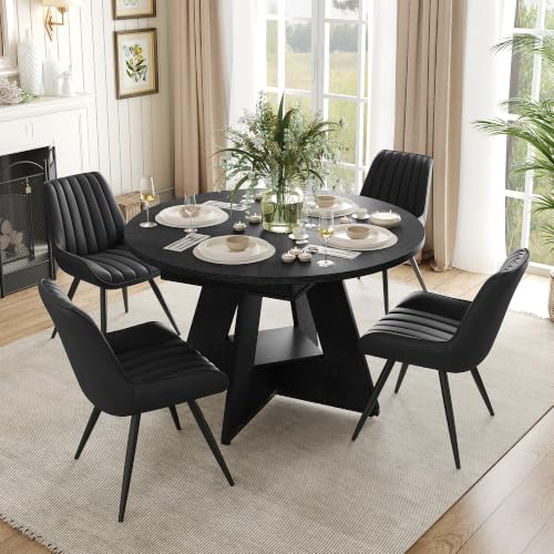 Extendable Round to Oval Dining Table Set with 4 Upholstered Chairs