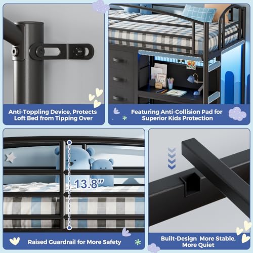 Twin Low Loft Bed with Desk, Storage Drawers, LED Lights & Play Curtain