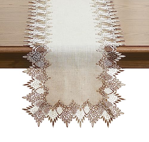 Raedan Natural Linen Table Runner 16x60 Inches Beige Lace Elegant Decor