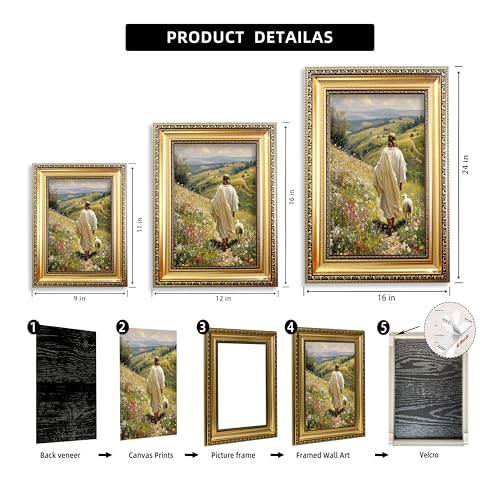 Jesus and Lamb Framed Canvas Wall Art - Good Shepherd Lost Sheep 12x16in - Christian Home Decor