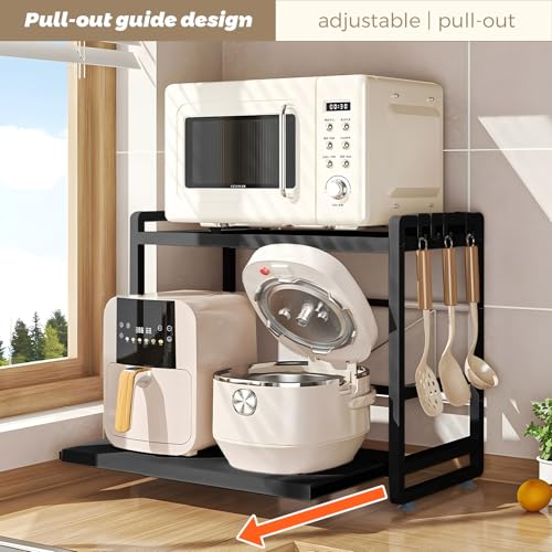 2-Tier Adjustable Microwave Rack, Extendable Kitchen Counter Shelf with Drawer