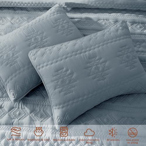 Twin Quilt Set with Pillow Sham - Lightweight Boho Blue Grey Bedding