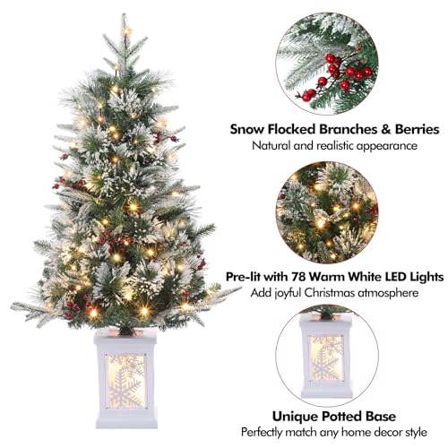 Garvee 3ft Pre-Lit Artificial Christmas Tree with Snow Flocked Branches, 78 Warm White Lights & Snowflake Base - Fiber Snowflake 2 PCS