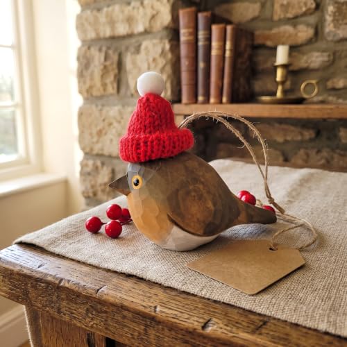 European Robin Wooden Christmas Ornament - Rustic Handcarved Holiday Decor