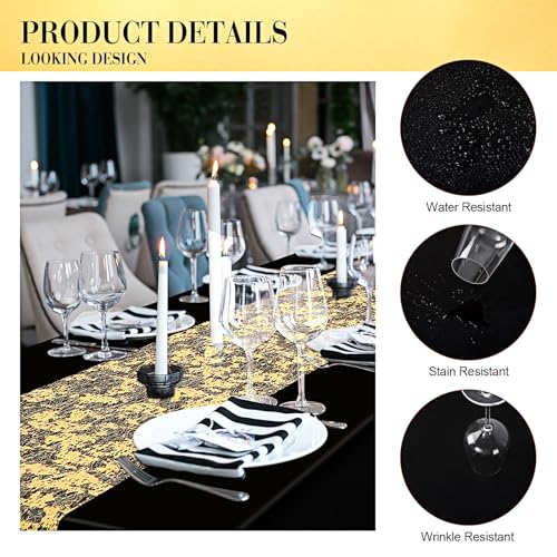 Black 12-Piece Rectangle Tablecloth and Sequin Gold Table Runner Set - Peryiter