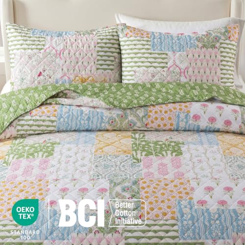 Palassio 100% Cotton Queen Quilt Set - Reversible Floral Bedspread & Shams