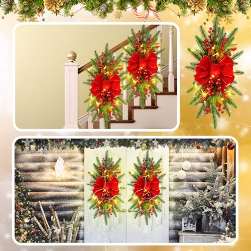 3-Pack 24-Inch Prelit Christmas Teardrop Swags with LED Lights and Ornaments