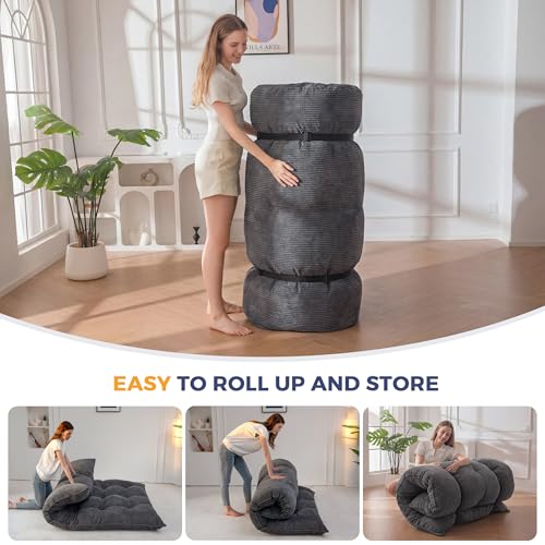 MAXYOYO Queen Dark Grey Japanese Foldable Floor Mattress - Thick Tatami Sleeping Pad, Portable Futon Couch for Camping & Guest Room