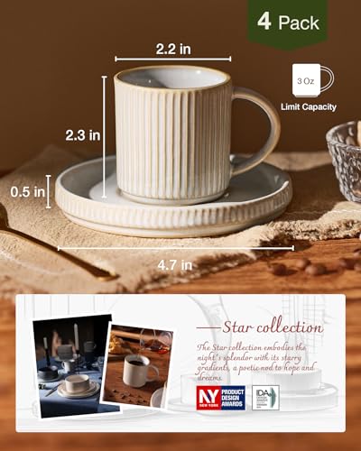 famiware 3oz Espresso Cups and Saucers Set of 4 - Cappuccino White, Handcrafted, Microwave & Dishwasher Safe