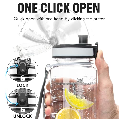 32oz Motivational Sports Water Bottle with Time Marker Leakproof BPA-Free