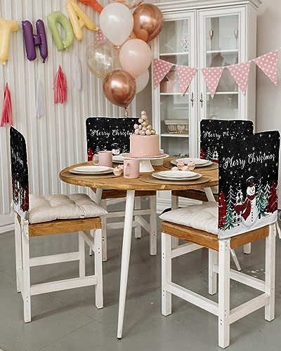 Set of 6 Black Snowman Christmas Chair Covers - Winter Snowflake Slipcovers for Dining Chairs