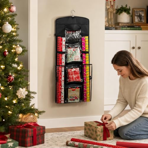 Gift Wrap Organizer Storage Container with Pockets and Roll Slots, Black